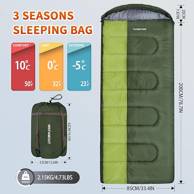 XL 10 Degree Sleeping Bags Waterproof for Adults 350GSM Machine Washable with Compression Sack for 3-4 Season Camping Outdoor