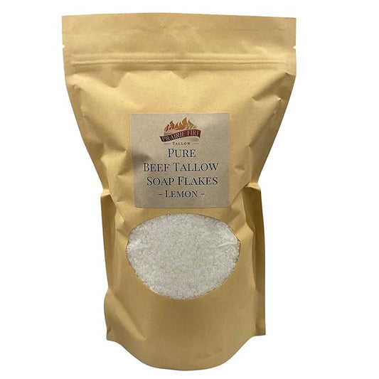 Pure Beef Tallow Soap Flakes - Made in USA - Grass Fed and Finished - Face, Body and Hair - Cleans, Moisturizes, Soothes, and Hydrates. Natural and Organic Lemon