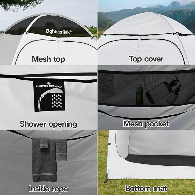 EighteenTek Shower Tent Camping, 2-Room Portable Changing Room, Outdoor Shower Enclosure, Pop Up Privacy Tent Shelter with Floor & Doors, Waterproof & Lightweight, Camping Toilet Bathroom