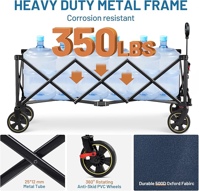 TIMBER RIDGE 51.2'' Extended Collapsible Wagon Cart with Brakes and Cargo Net, 350LBS Heavy Duty Foldable Utility Wagon with Adjustable Handle, 400L Capacity Portable Cart for Camping Sports Shopping
