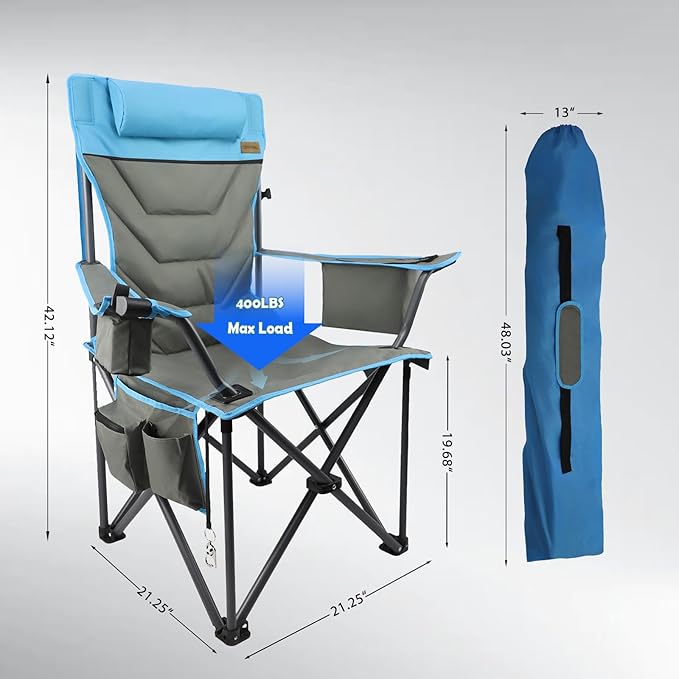 Outdoor Folding Camping Chair -Oversize Camping Chairs for Adults,Support 400lbs with Pillows & Cup Holders & Cooler Bags- Heavy Duty Collapsible Chairs for Sports Garden Beach Fishing(Bluegray)