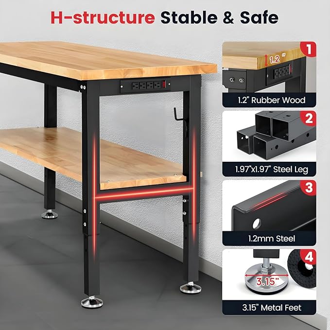 48 Inch Workbench for Garage Adjustable Height Work Bench with Under Table Shelf Pegboard Power Outlets Work Table for Woodworking, Home, Office, Workshop