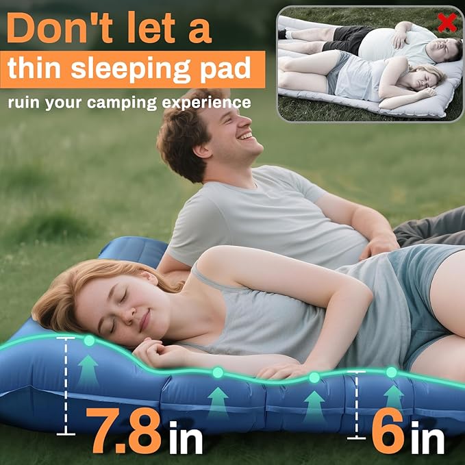 Double Sleeping Pad for Camping, Extra Thick 6 Inch Sleeping Mat Camping for 2 Person Self Inflating Camping Pad with Built-in Pillow & Foot Pump Inflatable Camping Mat for Backpacking Hiking Tents