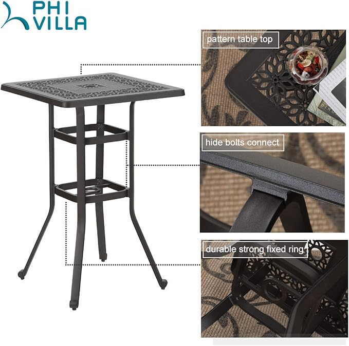 PHI VILLA Cast Aluminum Outdoor Patio Bar Tables, Outdoor Frosted Surface Square Bar Height Bistro Table - 42" Pub Height
