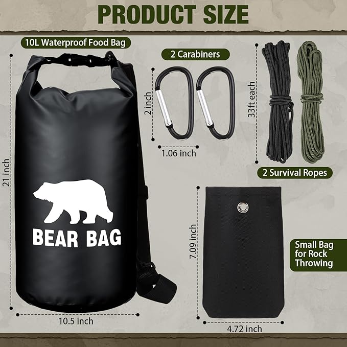 1 Set Bear Food Bag for Camping Ultralight Food Hanging System Includes Waterproof Bear Bag, Nylon Ropes, Hooks for Camping Backpacking