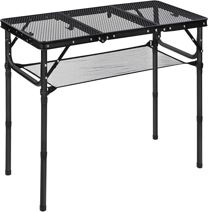 RedSwing Tri-fold Folding Picnic Table, Lightweight Height Adjustable Aluminum Frame Table with Mesh Layer for Outdoor Camping Picnic BBQ, Black