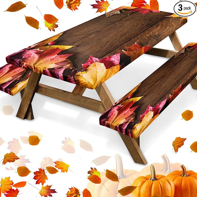 Picnic Table Cover with Bench Covers Elastic Edges, Maple Fall Fitted Table Cover, Outdoor Patio Camping Essentials 72 Inch 3PCS, Waterproof Camping Fitted Tablecloth with Drawstring Bag