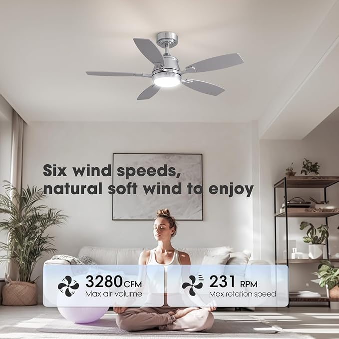 42" Ceiling Fan with Light, Modern Low Profile Ceiling Fan with Light, DC Reversible Motor, Smart APP & Remote Control, Whisper Quiet, Dimmable LED for Bedroom/Living Room