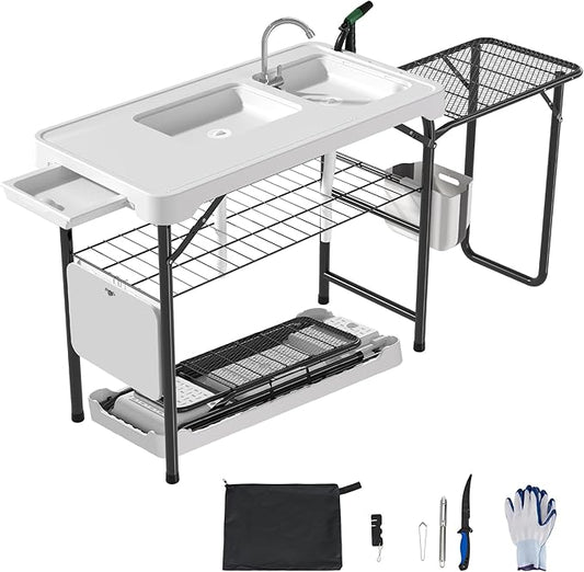 Dragosum Fish Cleaning Table, Portable Folding Camping Table with Folding Grill Extension Board, Fish Cleaning Station with Dual Sinks, Hose Hook Up