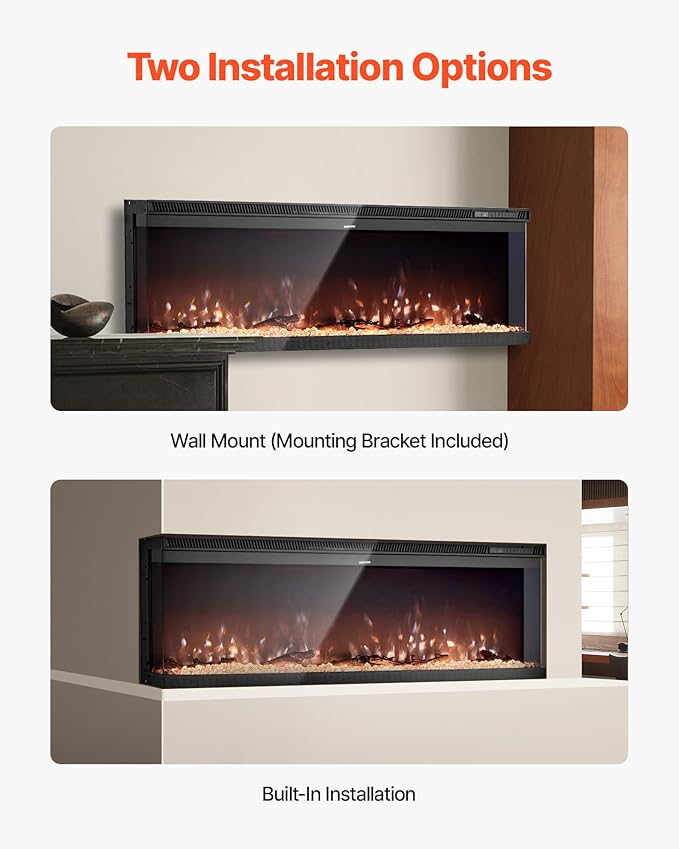 VEVOR 60 inch Electric Fireplace, Three-Sided Glass Wall Mounted Recessed Fire Place with Remote Control, Timer, 1500W, Adjustable Flame Color Brightness,Overheat Protection, for Living Room,Bedroom