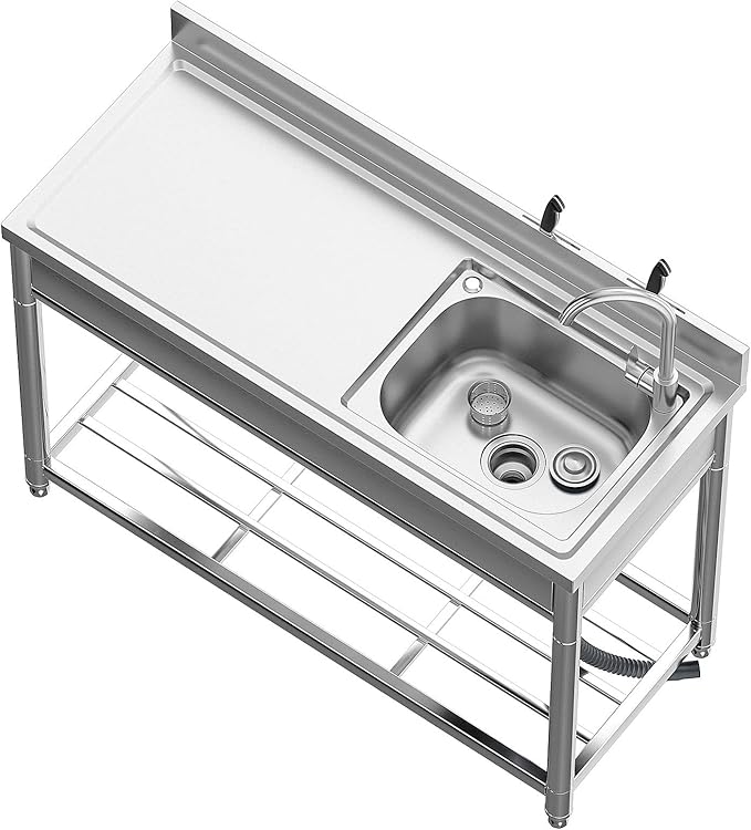 Free Standing Stainless-Steel Single Bowl, Commercial Restaurant Kitchen Sink Set w/Faucet & Drainboard, Prep & Utility Washing Hand Basin w/Workbench & Storage Shelves Indoor Outdoor (47in)