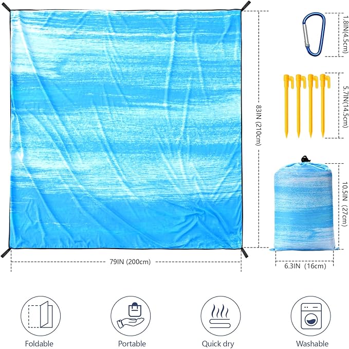 Beach Blanket Waterproof Sandproof Beach Mat 79" X 83"/10'x9'for 2-8 Adults Quick Drying Outdoor Picnic Mat Beach Accessories for Travel, Camping, Hiking