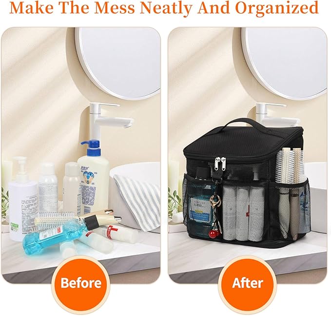 CUBETASTIC Shower Caddy Portable Mesh Shower Tote for Bathroom, Gym, Travel, Camping - Quick Dry Hanging Organizer Toiletry Bag with Handle for College Dorm Room, Men & Women (A# Black, 9.8")