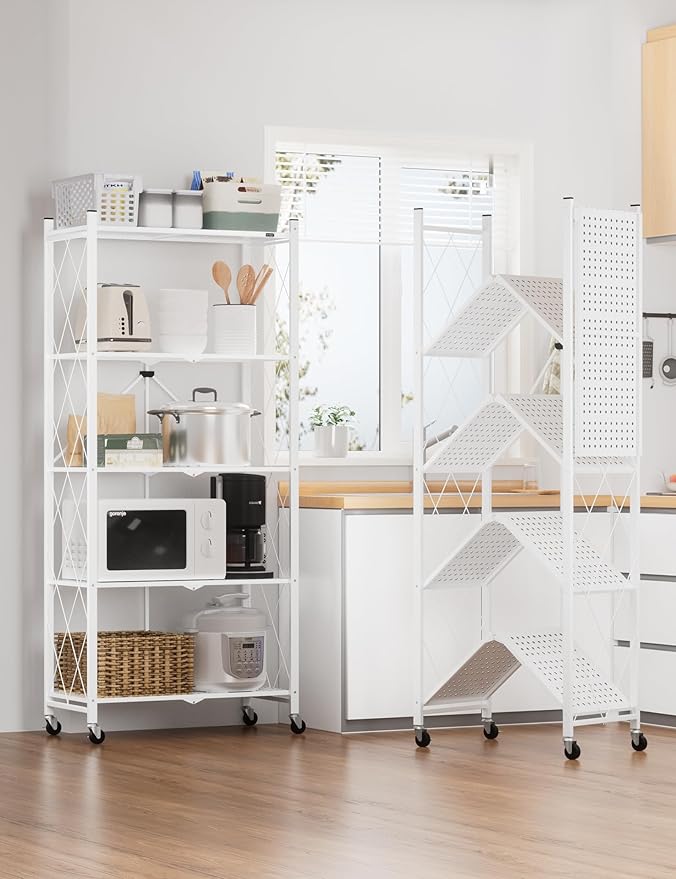 ALANNG 70.7" H Metal Storage Shelves, 5 Tier Folding Shelf on Wheels, Heavy Duty, No Assembly, Rolling, Collapsible Rack Unit for Kitchen, Basement, Pantry (White,1 Pack)