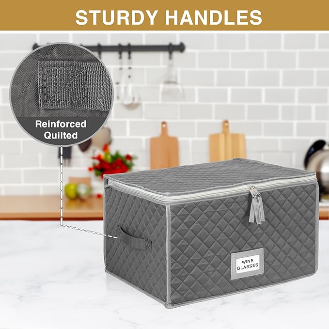 Stemware Storage Case - Holds 12 Wine Glasses or Crystal Glassware with Label Holders and Fully Padded Inside - 16" x 13" x 10"H - Gray - Hard Sides and Stackable