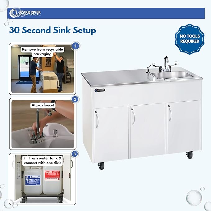 Ozark River Portable Sinks, Advantage S1D, White Laminate Cabinet-Stainless Countertop, Hot Water Hand Washing Station with Countertop & Storage Space, Self Contained Sink, Portable Hand Washing Sink