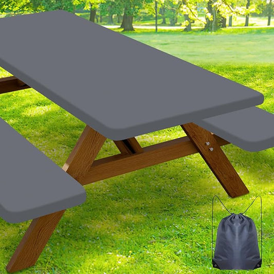 Smiry Picnic Table Cover with Bench Covers, Waterproof Elastic Fitted Polyester Tablecloths for 6 Ft Rectangle Tables, Washable Windproof Tablecloth for Camping, RV & Outdoor (Grey, 30x72 Inches)