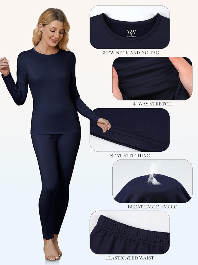 VZV Thermal Underwear for Women, Long Johns for Women Thermal Sets Fleece Lined Base Layer Top and Bottom Set