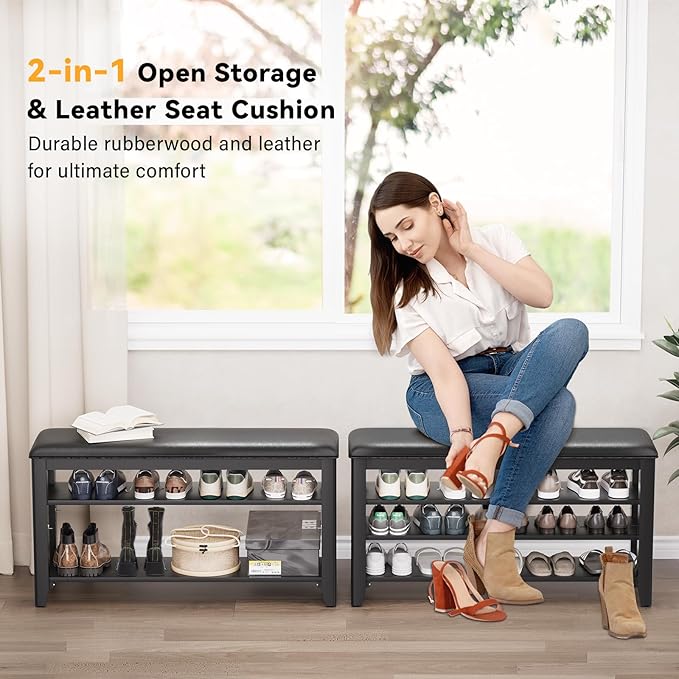 Shoe Rack Bench Entryway Storage with Leather Cushion, Shoe Organizer Bench for Entryway, Ideal for Front Doors Entrances Hallway Mudroom Featuring Rubberwood And 3 Height-Adjustable Removable Shelve