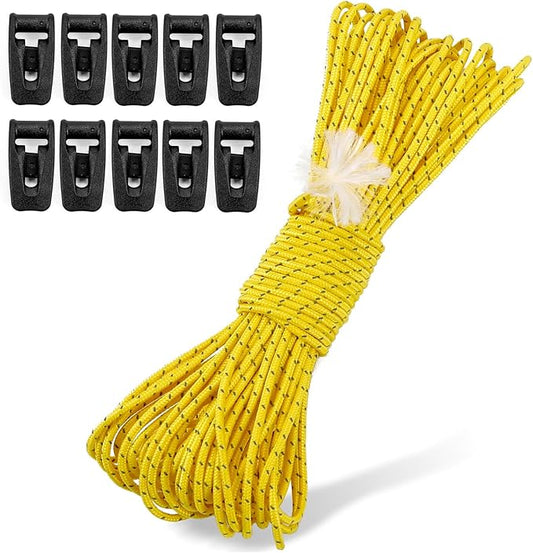 Hikeman Tent Guy Ropes 2mm-Ultralight Strong Guy Lines with Tensioner Reflective UHMWPE Fiber Tent Cord for Camping, Hiking, Backpacking Rope (Yellow, 65 Feet, 10 Tensioners)