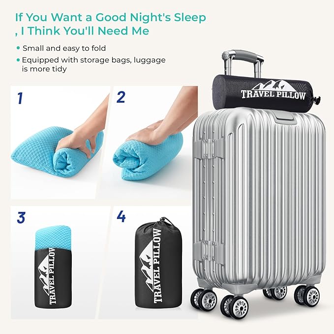 Travel Pillow Memory Foam Pillows, Camping Pillow-Compressible Medium Firm, Breathable Cover, Ideal Backpacking Hiking, Bed Pillows, Airplane and Car (Light Blue, M)