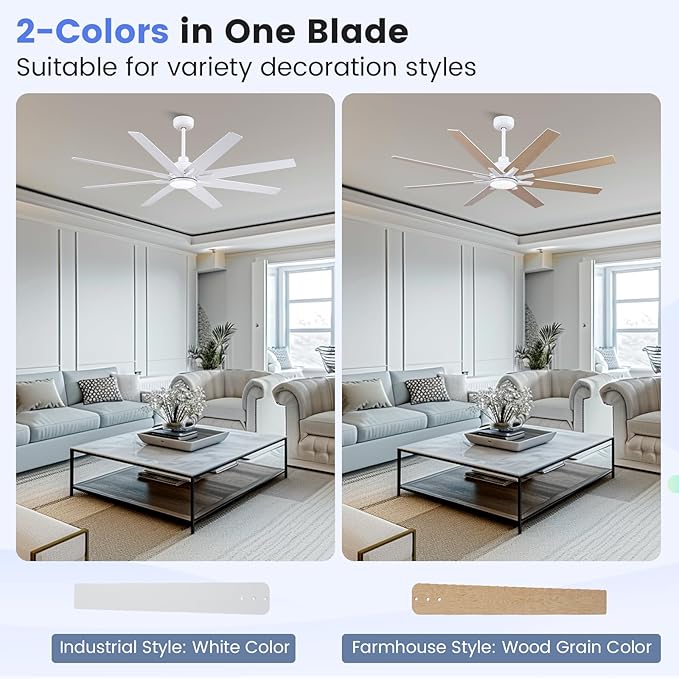 Newday 62 inch Large Ceiling Fans with Lights and Remote, Indoor/Outdoor White Ceiling Fan for Living Room Patio, 6 Speeds Slient Reversible DC Motor, 3CCT, Timer, 2 Downrods, 8 Blades