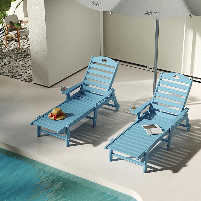 Oversized Chaise Lounge Chair Outdoor with Wheels & Cup Holder, 6-Position Adjustable HDPE Patio Lounge Chair for Poolside, Garden, Deck & Lawn (Light Blue, 2-Piece)