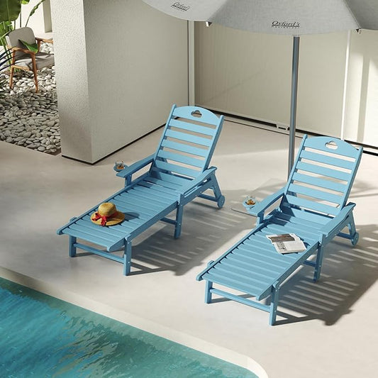Oversized Chaise Lounge Chair Outdoor with Wheels & Cup Holder, 6-Position Adjustable HDPE Patio Lounge Chair for Poolside, Garden, Deck & Lawn (Light Blue, 2-Piece)