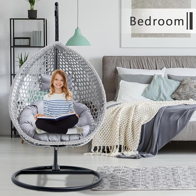 JUFU Egg Swing Chair with Stand,Hanging Egg Chair Indoor Outdoor,Hammock Hanging Basket Chair with Aluminum Steel Frame，Patio Egg Chair with Removable Cushions for Patio Balcony Backyard,Bedrooms