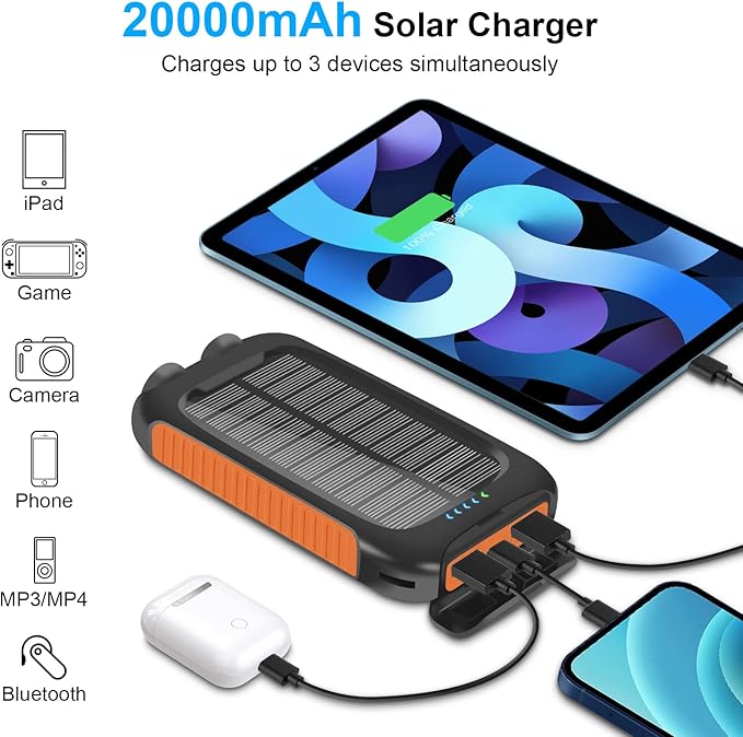 Solar Charger Power Bank 20000mAh, Portable Charger External Battery Pack 5V/3A Type C Input Output Dual Built-in Bright Flashlights, Outdoor Battery Pack for Cell Phones, Camping, Hiking, Emergency