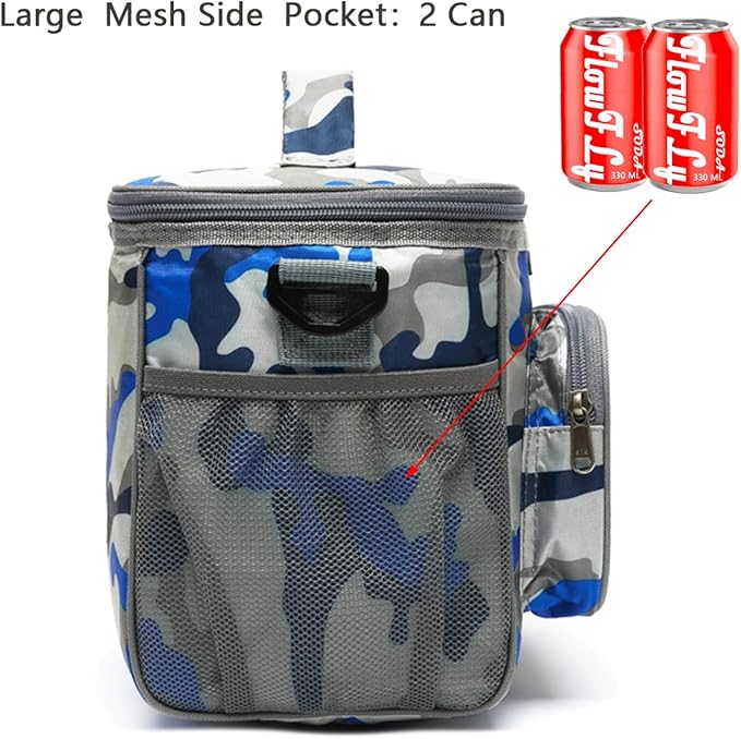 FlowFly Insulated Reusable Lunch Bag Adult Large Lunch Box for Women and Men with Adjustable Shoulder Strap,Front Zipper Pocket and Dual Large Mesh Side Pockets,BlueCamo