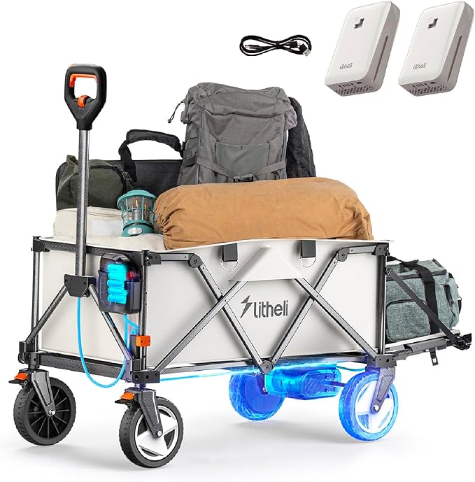 Litheli Electric Utility Wagon Cart, 200L Capacity, 300 lbs Load, Foldable Heavy-Duty Design with All-Terrain Wheels, Variable Speed Drive & Battery Power for Camping, Beach, Garden & Shopping