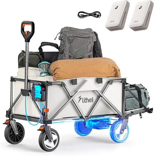 Litheli Electric Utility Wagon Cart, 200L Capacity, 300 lbs Load, Foldable Heavy-Duty Design with All-Terrain Wheels, Variable Speed Drive & Battery Power for Camping, Beach, Garden & Shopping