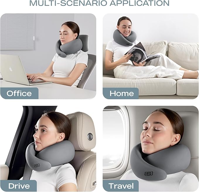 Skechers Memory Foam Travel Pillow,Comfortable & Breathable Airplane Travel Essential, Neck Pillow for Travel, Car Rides, Home, and Office Use, Ergonomic Design for Men and Women,Gray