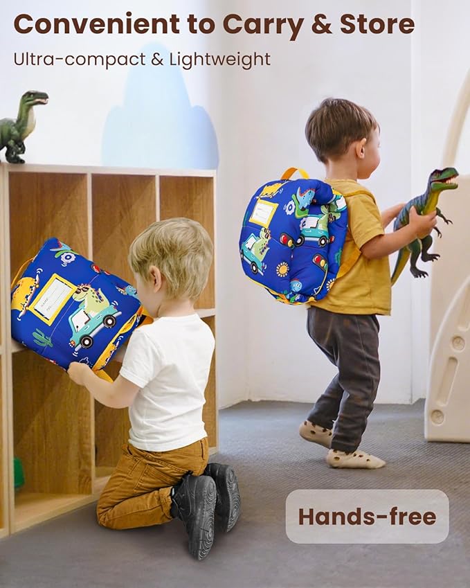 Primlect Toddler Nap Mat with Removable Pillow and Flannel Blanket, Portable Kids Sleeping Bag, Easy to Carry on The Go, Perfect for Daycare, Preschool, Boys and Girls, 12 Months - 6 Years