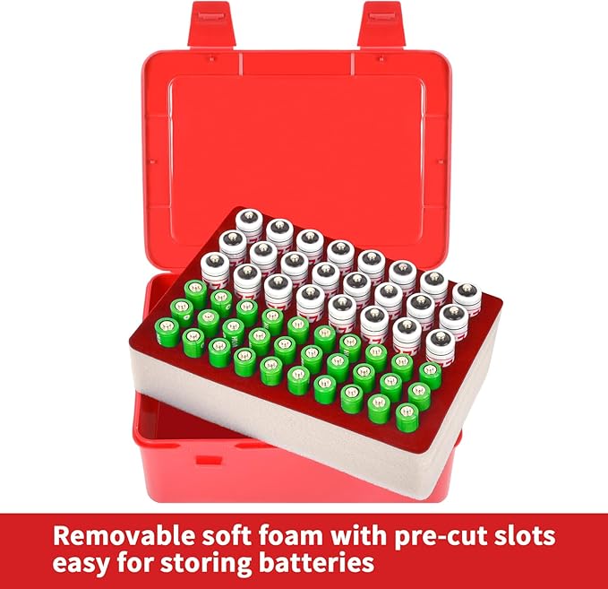FULLCASE Battery Storage Organizer Holder Holds 54 AA AAA Batteries, Box Cases Garage Container, Home Drawer Organization Dispenser (Case Only) Red