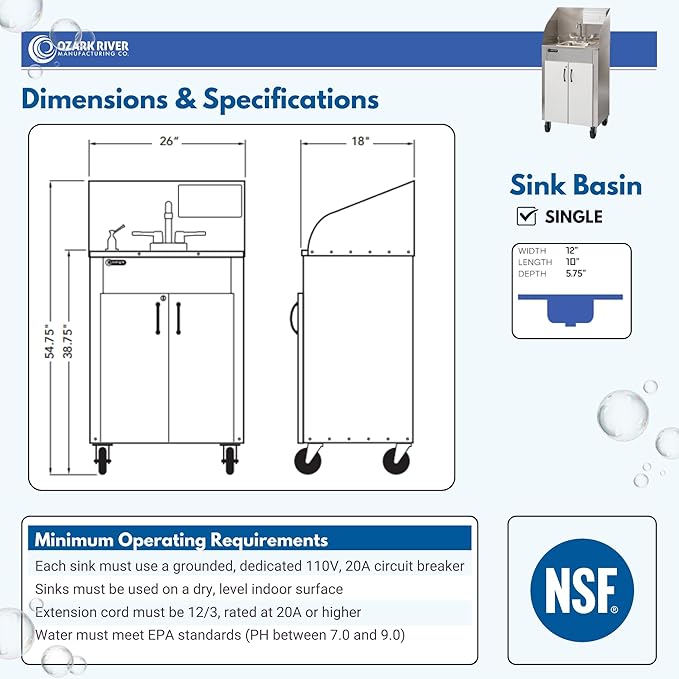 Ozark River Portable Sinks Elite PRO1, Free Standing Portable Concession Sink, Commercial Restaurant Portable Sink with Hot Water, Stainless Food Service Sink, White Doors-White Edges-Splashguard