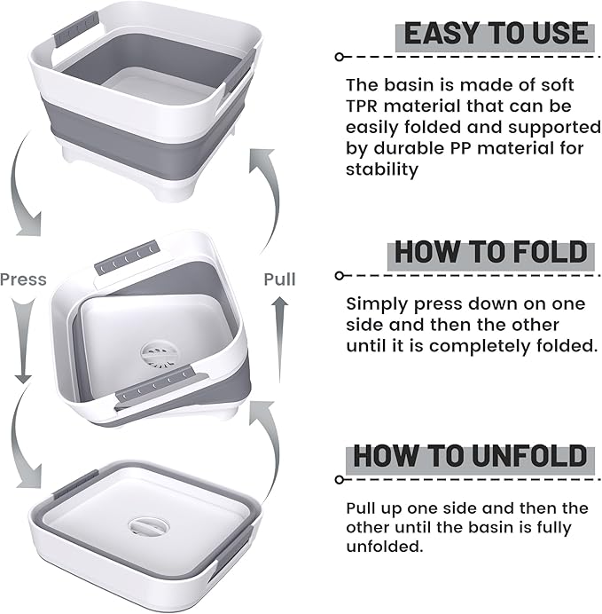 Collapsible Dish Basin with Drain Plug, 9L(2.4Gal) Capacity, Space Saving Portable Sink for Baby bottle, Kitchen, Camping& RV, Gray