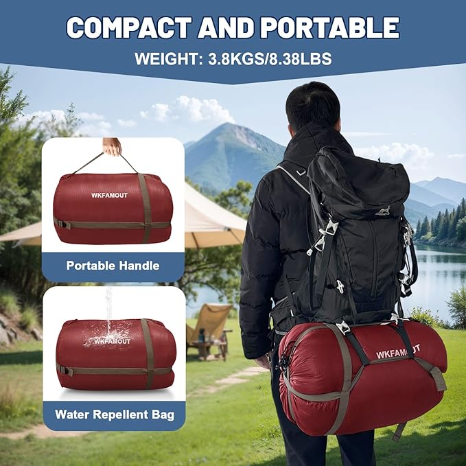 Double Sleeping Bag for Adults Machine Washable 2 Person Camping Sleeping Bag Queen Size Waterproof with Compression Sack for Cold Weather 3-4 Seasons