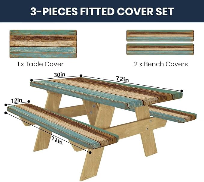 CAPSCEOLL Picnic Table Cover with Bench Covers Waterproof Camping Tablecloth All-Weather Outdoor Table Protector with Drawstring Bag for Camping Essentials, 72X30in, Blue Brown Wood