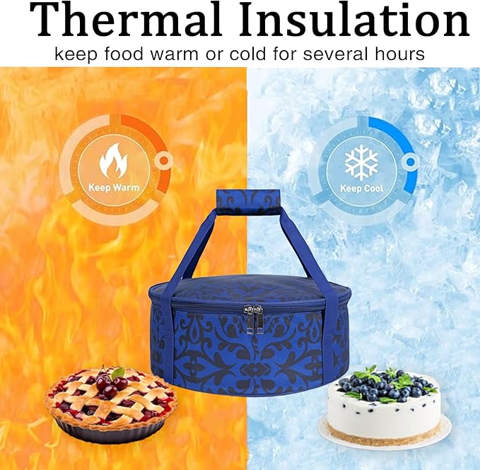 Round Insulated Pie Carrier – Thermal Portable Lunch Transport Cheesecake Cake Dish Container Bag Keep Food Hot/Cold/Fresh for Potlucks Parties Gathering/Cookouts/Church Dinner/Outdoor Events-Blue