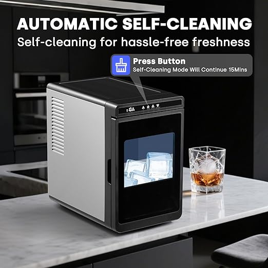Large Cube Ice Maker Countertop, Nugget Ice Machine with Scoop&Basket, 22lbs/24H, Self-Cleaning, Portable Ice Maker for Whiskey, Cocktails, and Iced Beverages