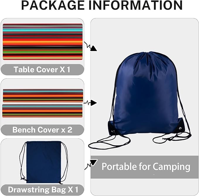 CAPSCEOLL Fitted Picnic Table Cover with Bench Covers with Elastic 8Ft Waterproof Camping Picnic Table Cover Cloths for Outdoors Camping Tablecloth with Drawstring Bag, 96X30in, Colorful Stripes