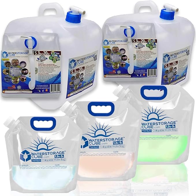 WaterStorageCube 3pc/5pc Premium Collapsible Water Container Bundle Cube + Bag, No BPA Camping Drink Storage Carrier Jug for Outdoors Hiking Backpack & Survival, No-Leak Foldable Portable & Freezable
