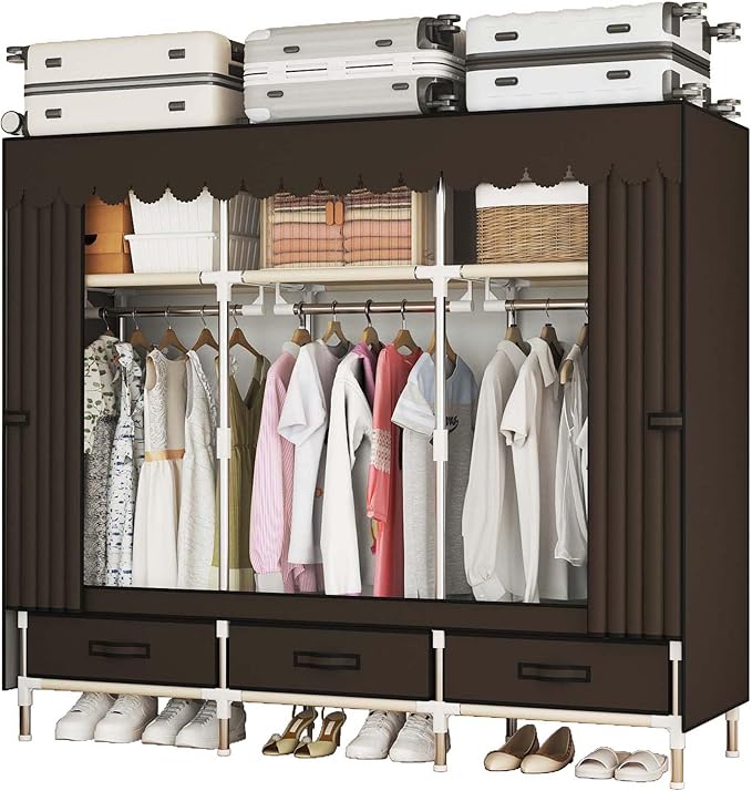 Portable Wardrobe Closet Durable and Easy to Assemble Heavy Duty Clothes Rack with Non-Woven Cover Fabric Best for Bedroom and Easy Storage and Organization (Brown-A)