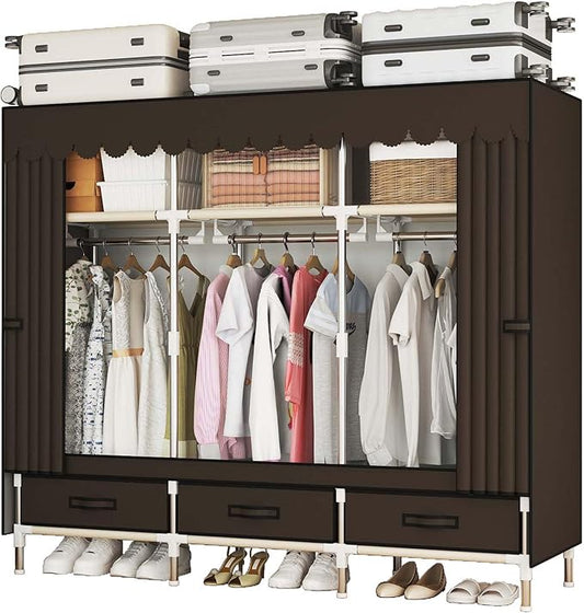 Portable Wardrobe Closet Durable and Easy to Assemble Heavy Duty Clothes Rack with Non-Woven Cover Fabric Best for Bedroom and Easy Storage and Organization (Brown-A)