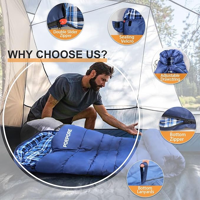 0 Degree Sleeping Bag 100% Cotton Flannel XXL Cold Weather Winter Oversized Sleeping Bag for Adults Camping Zero Degree Big and Tall with Compression Sack