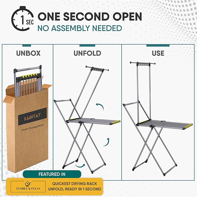 Clothes Drying Rack with Sock Clip, No Assembly, Telescopic Hanging Rod for Long Clothing, Metal Construction, Non-Slip Feet, Hidden Wheels, Foldable, Portable, For Laundry Room, Indoor & Outdoor