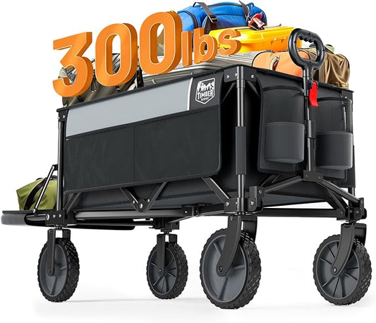 Timber Ridge 49" Extra Long Collapsible Folding Wagon with Tailgate and Brakes, 300lbs Heavy Duty Foldable Wagon with Adjustable Handle, 250L Capacity Portable Cart for Outdoor Camping Sports, Grey