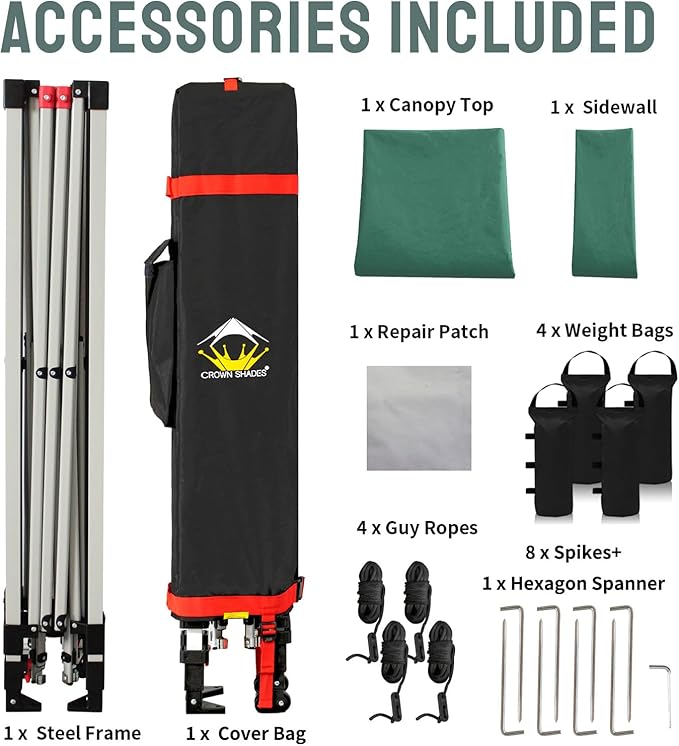 CROWN SHADES 10x10 Pop Up Canopy with 1 Side Wall - Beach Tent with One Push Setup - Outdoor Sun Shade for Events, Parties, Camping - Gazebo with STO-N-Go Cover Bag (Forest Green)